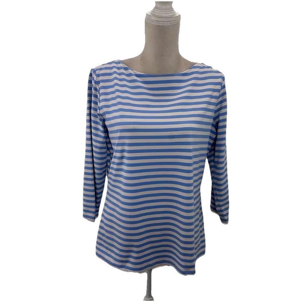 J. McLaughlin Blue White Striped Top Womens XL 3/4 Sleeve T-Shirt